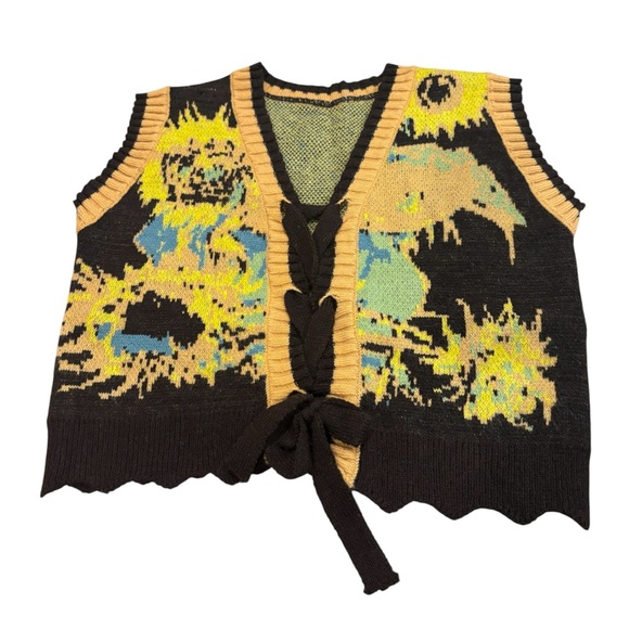 American Vintage Sweaters - Colorful Floral Vintage 70s Knit Vest with Tie Front suspected Sz Small